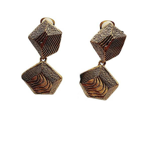 Vintage Rare Signed Oscar De la Renta Gold Tree Bark Earrings (A1278) - Picture 1 of 5